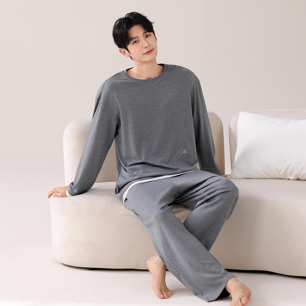 Super Soft Modal Cotton Couple Pajamas Men'S And Women'S Spring And Autumn Long Sleeve Belt Chest Pad Loungewear Set