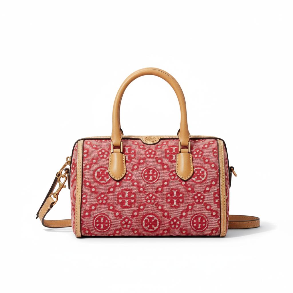 

Tory Burch T Monogram Classic Logo Print Cotton Denim Boston Bag Mini Women handbags Bright-Red 183614-612 Basic Set (Bag+Dust Bag)