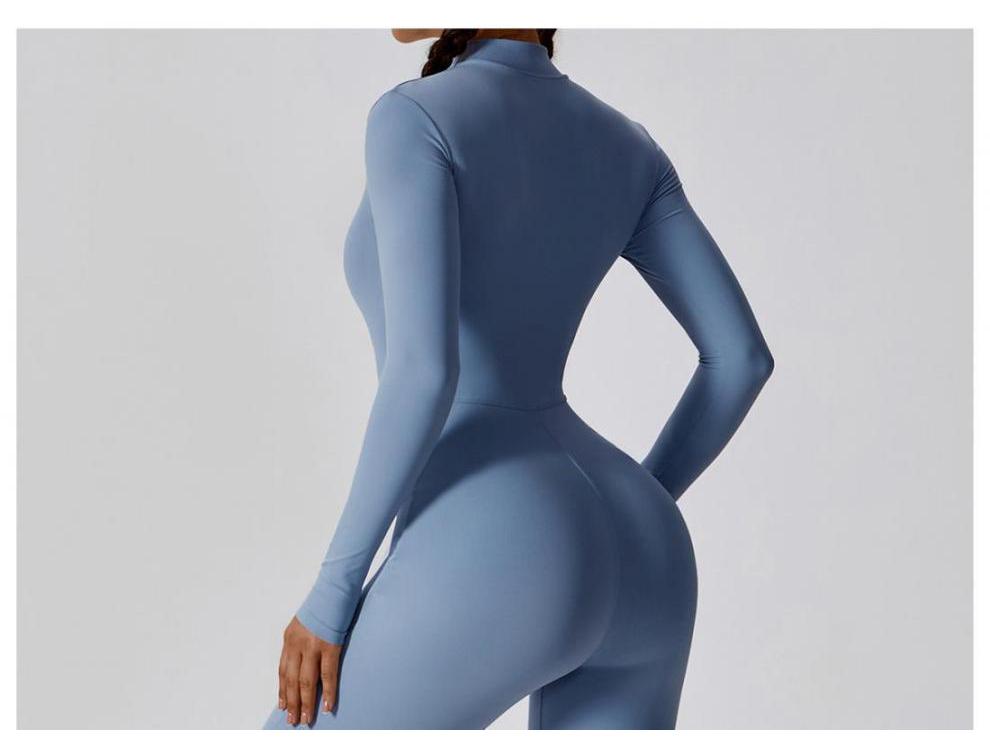 Black Autumn Bodycon Bodysuit with Long Sleeves & Zipper - Butt-Lifting Fitness Pants for Women, Ideal for Running, Sports, and Yoga.