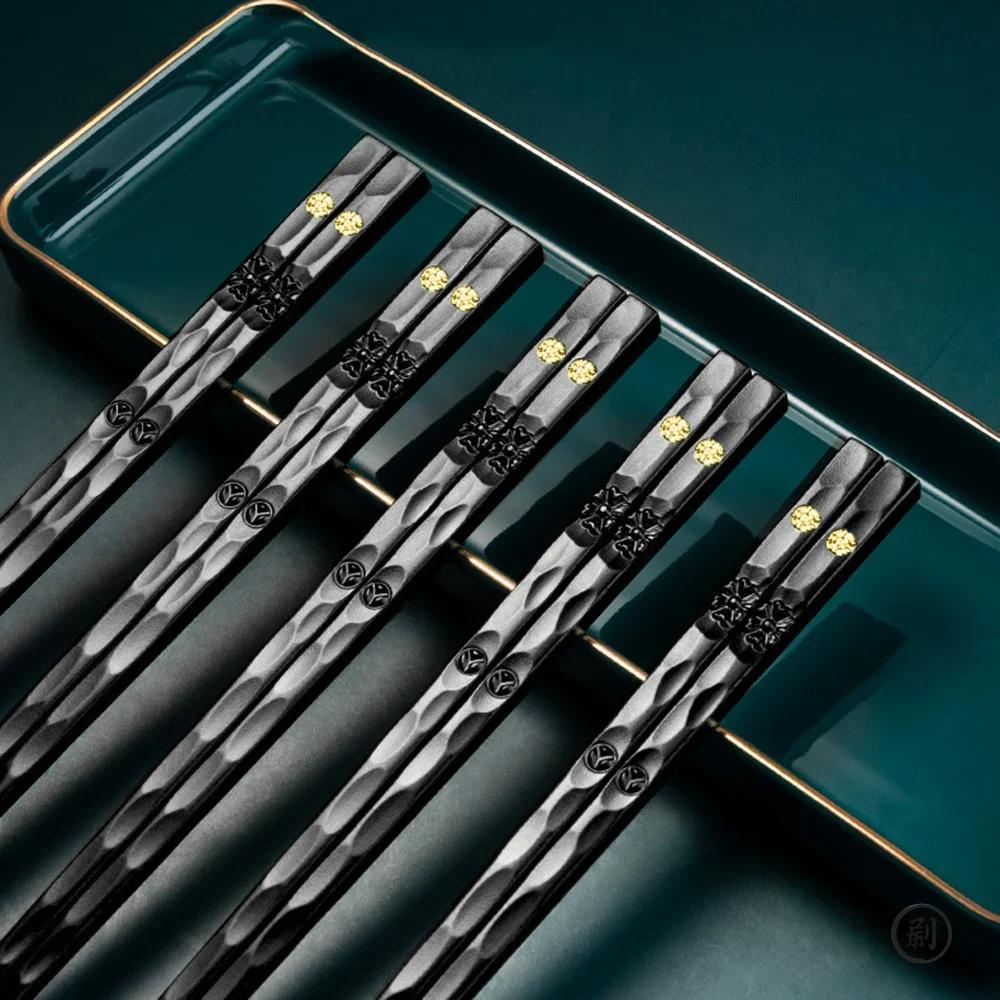 5Pcs Reusable Chinese Chopsticks Food Sushi Sticks Alloy Non Slip Dishwasher Safe Bamboo Shape Food Grade Chopsticks