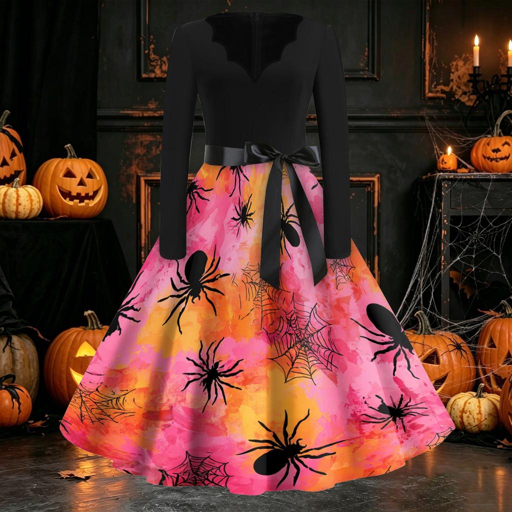 Women's Long Sleeve V Neck Vintage Style Dress with Halloween Print Casual Retro Fit and Flare Midi Dress with Waist Tie for Everyday Wear