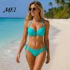 Sexy Bathing Suit Women Solid Color Bikini Set, Summer Two Piece Swimsuit, Halter Tie Underwire Top Slimming Beachwear & High Cut Bottom, for