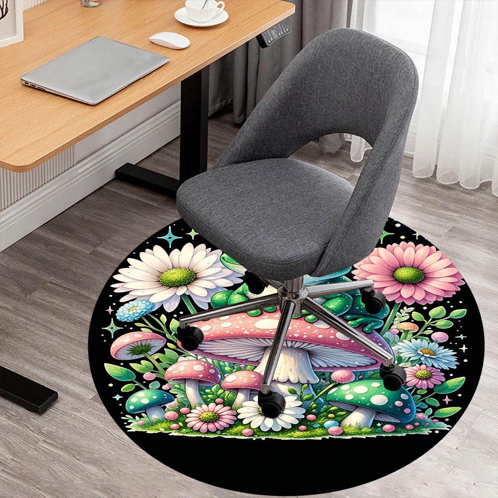 1PC Frog Mushrooms Flowers Round Chair Mat Area Rug - Non-Slip, Floor Mat for Office, Bedroom, Home Decor Christmas Gift C0528056