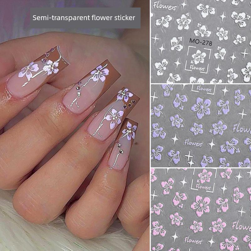 

White Semi-Transparent Flower Nail Sticker Relief Three-Dimensional Minimalist Easiest for Match Pink Purple Small Petals Wear Nail Decals One for each of the 3 paragraphs