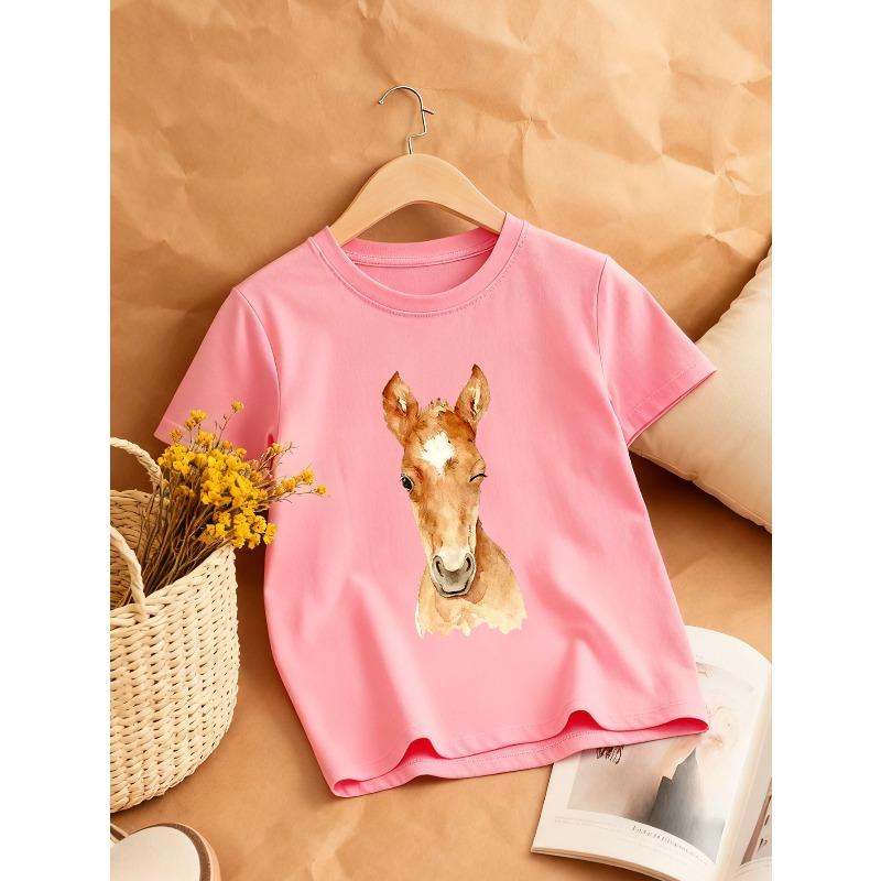 European sizes Cute Donkey Print Girls' Round Neck T-Shirt, Casual Soft and Adorable Daily Top, Premium Choice for Animal Lovers