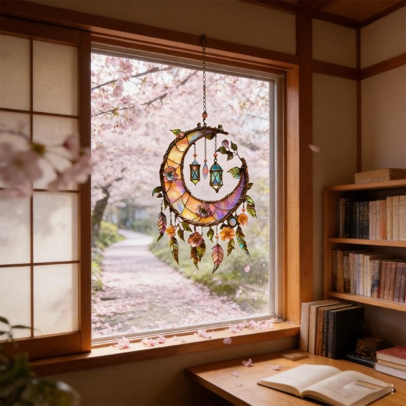 Stained Glass Window Hanging,Crescents Moon Suncatchers with Florals for Door Home Decors Moon Suncatchers Birthday Gift