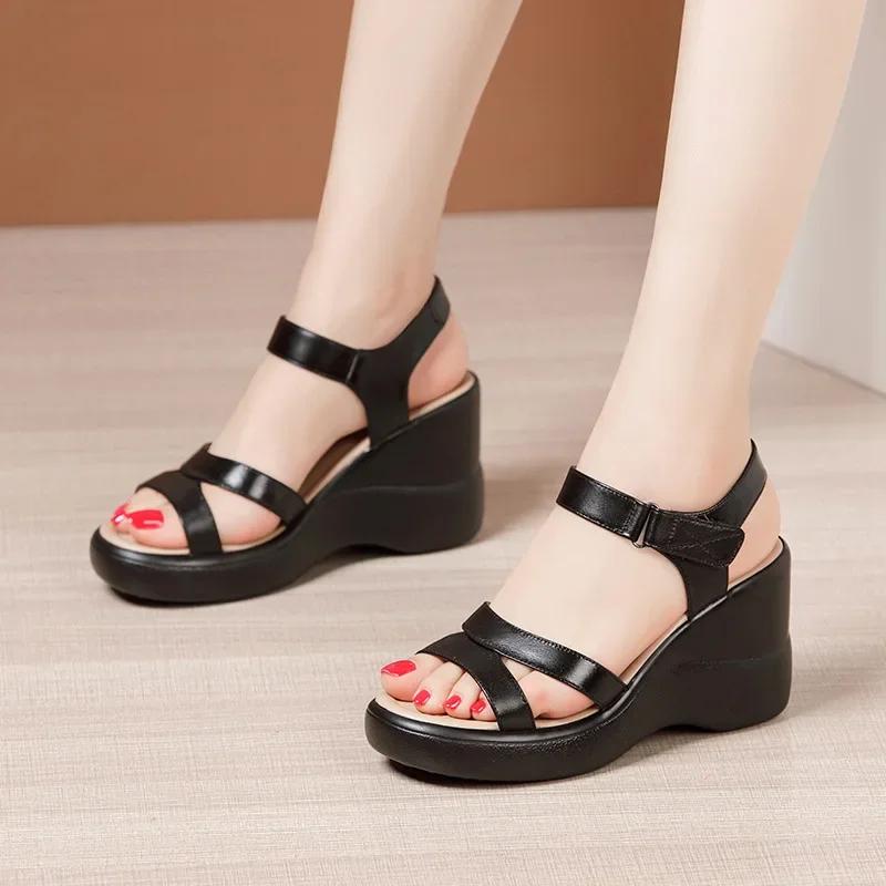 8cm Small Size 32-43 Comfortable Soft Leather Sandals Platform Wedges Shoes 2025 Summer Womens High Heels Sandals Office Mom