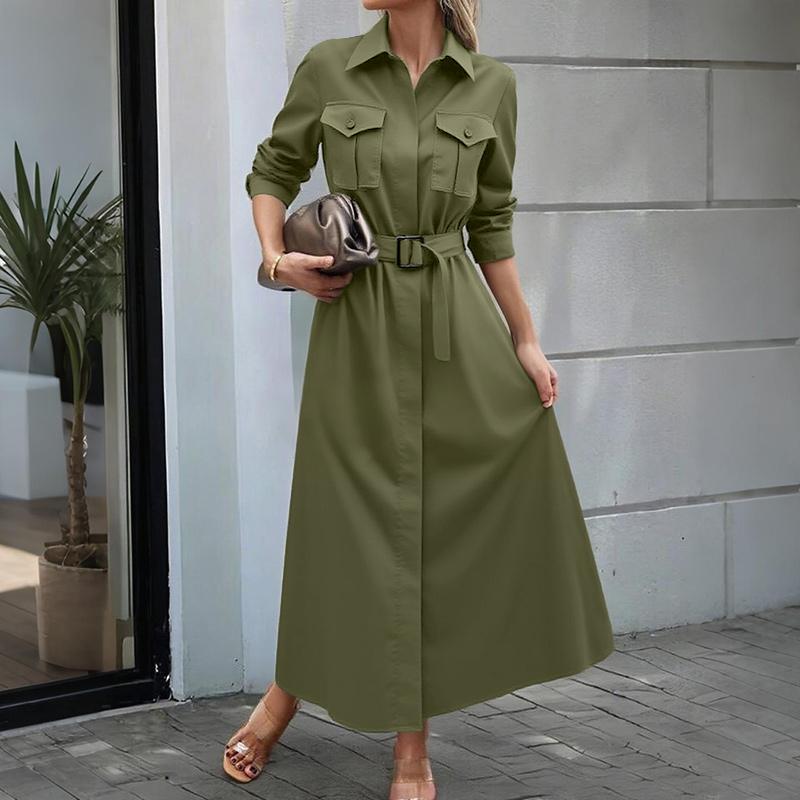 

Жіноча повсякденна вільна сукня-сорочка з відкладним коміром і довгим рукавом ZANZEA L армія зелений колір