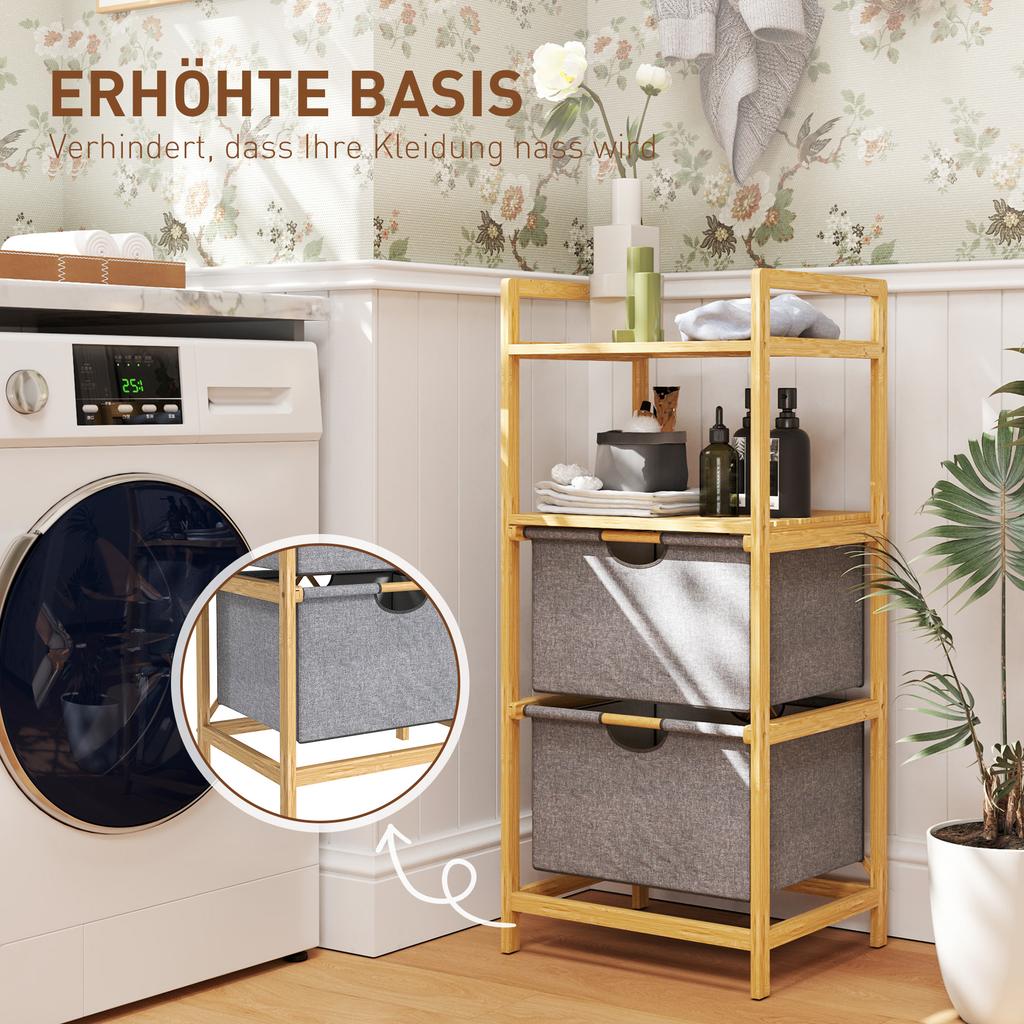 Bamboo Laundry Shelf with 2 Fabric Laundry Baskets, Open Shelves, Space-Saving, Natural Wood