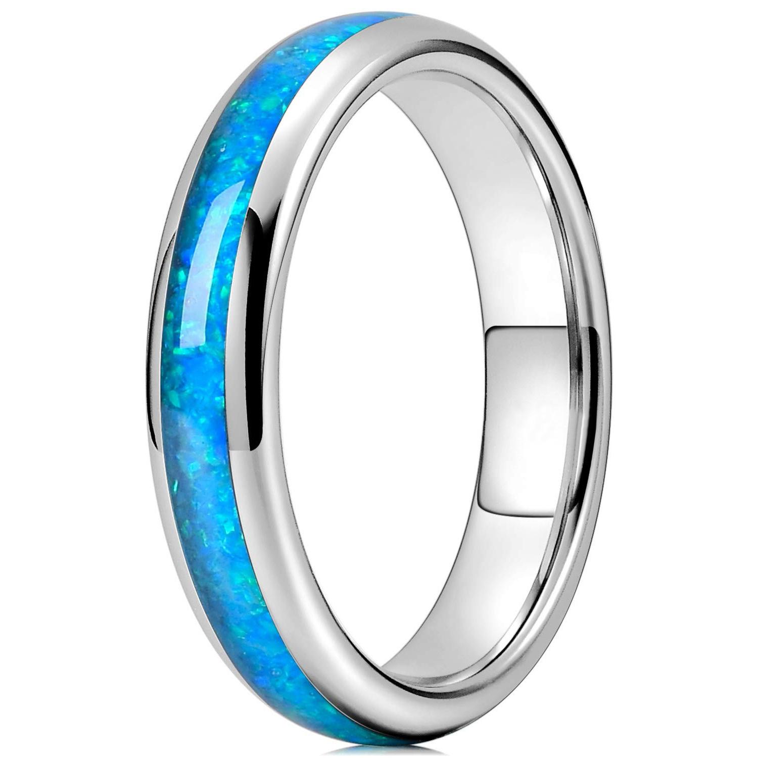 

Simple 4mm Stainless Steel Ring For Men Women Blue Fire Opal Inlay Luxury Wedding Band Engagement Rings Jewelry anillos mujer 6