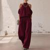 New Summer Women's Off-the-Shoulder Halter Top and High-Waisted Wide-Leg Pants Casual Set