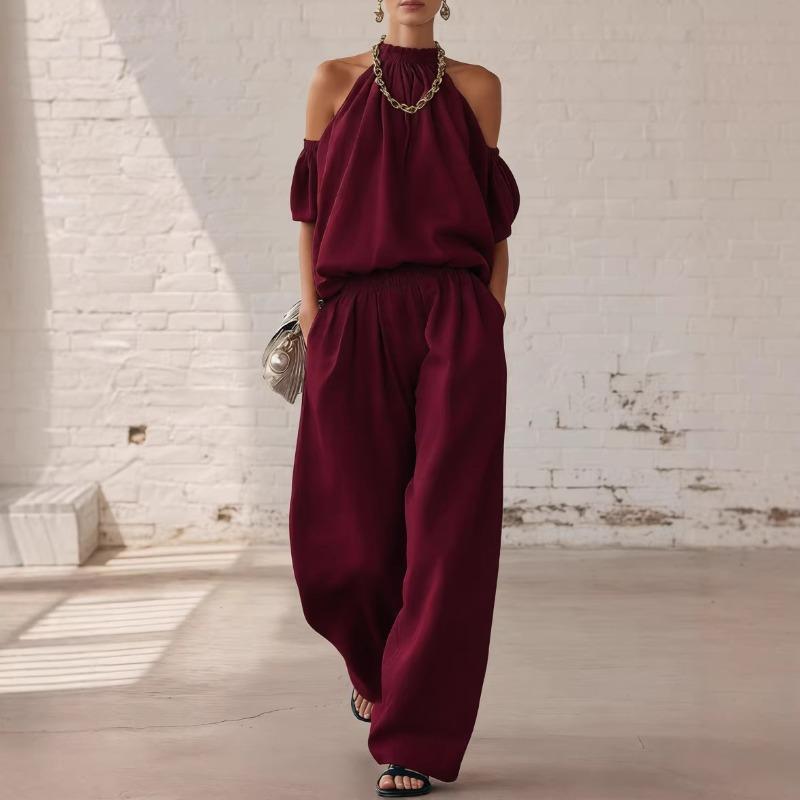 New Summer Women's Off-the-Shoulder Halter Top and High-Waisted Wide-Leg Pants Casual Set