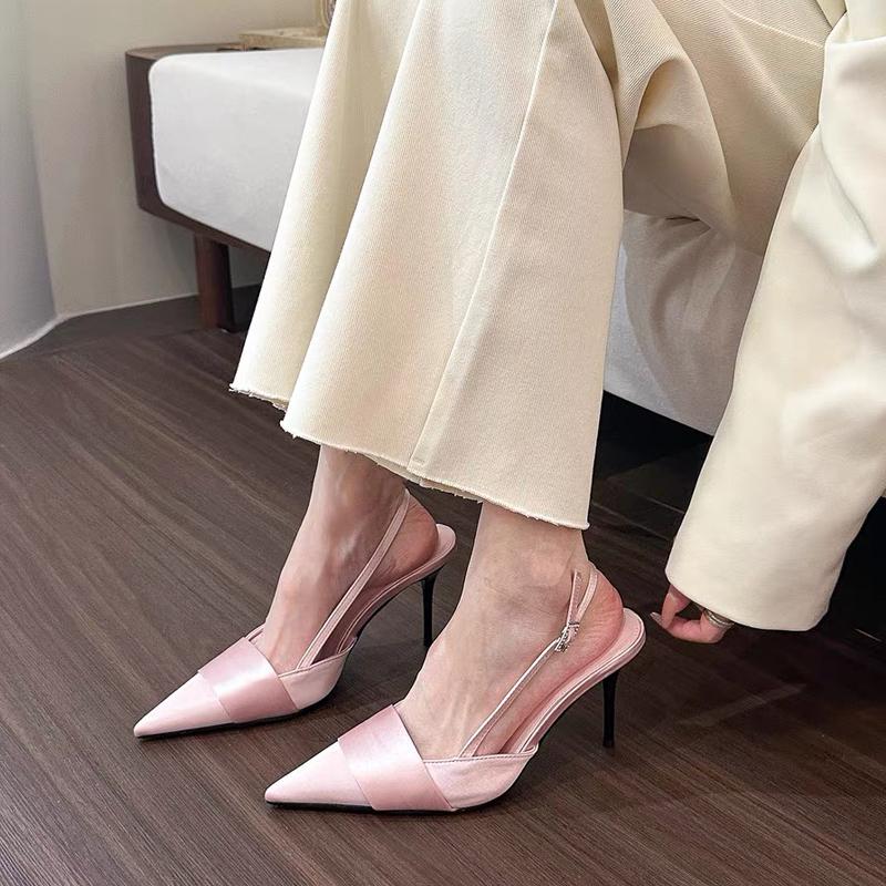 Pink Silver Satin Silk Slingback Shoes Woman Elegant Point Toe Platband Design  Pumps Ladies High Heel Evening Party Sandals