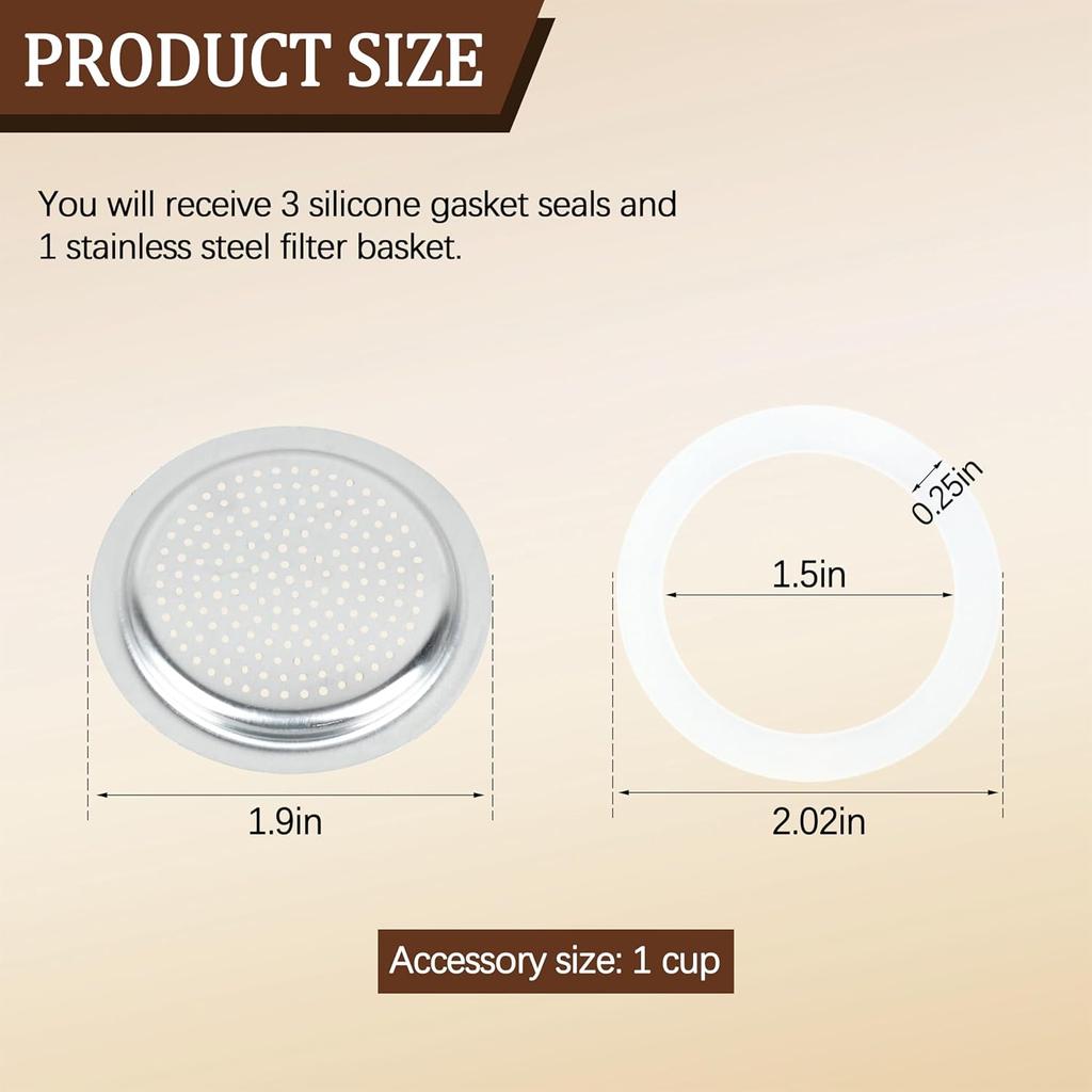 Silicone Sealing Ring Aluminum Replacement Filter 1 Cup For Stove Top Espresso Maker Replacement Filler Parts Set Includes 1 Filter and 3 Upgraded