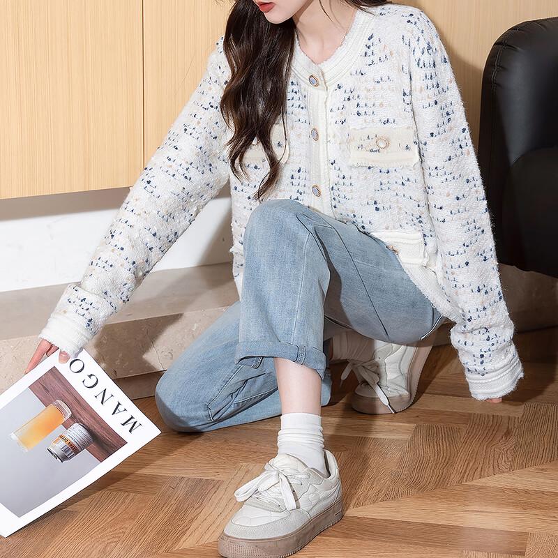 TonLion Women's Elegant Tweed Round Neck Cardigan