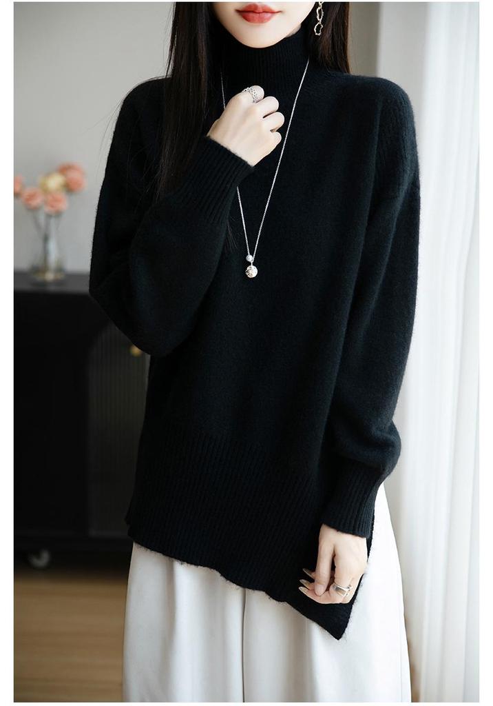 Pure Wool Seven-Stitch Thickened Sweater - Autumn/Winter, Long Sleeve, Half-High Collar with Irregular Slit.