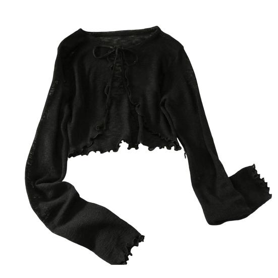 

Солнечный вязаный кардиган для женщин с завязкой спереди, длинным рукавом, из прозрачной сетки, пляжный чёрный