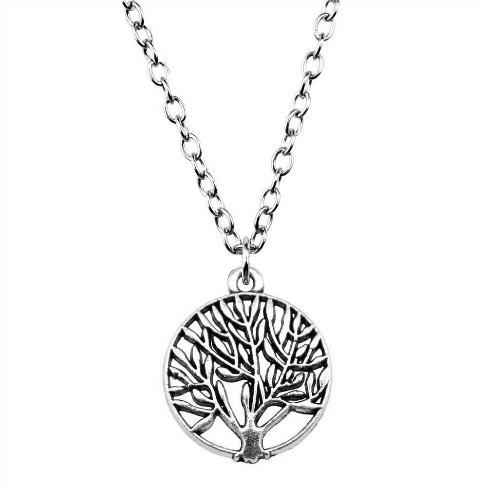 Vintage Rose Flower Charm Necklace Tree Of Life Pendant Antique Jewelry 43cm Chain