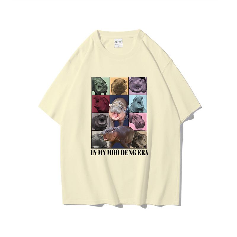 Summer Pure Cotton Short Sleeved Creative Trend Bouncing Pig Moo Deng Printed Round Neck Sports Shirt Casual Versatile T-Shirts Women’s