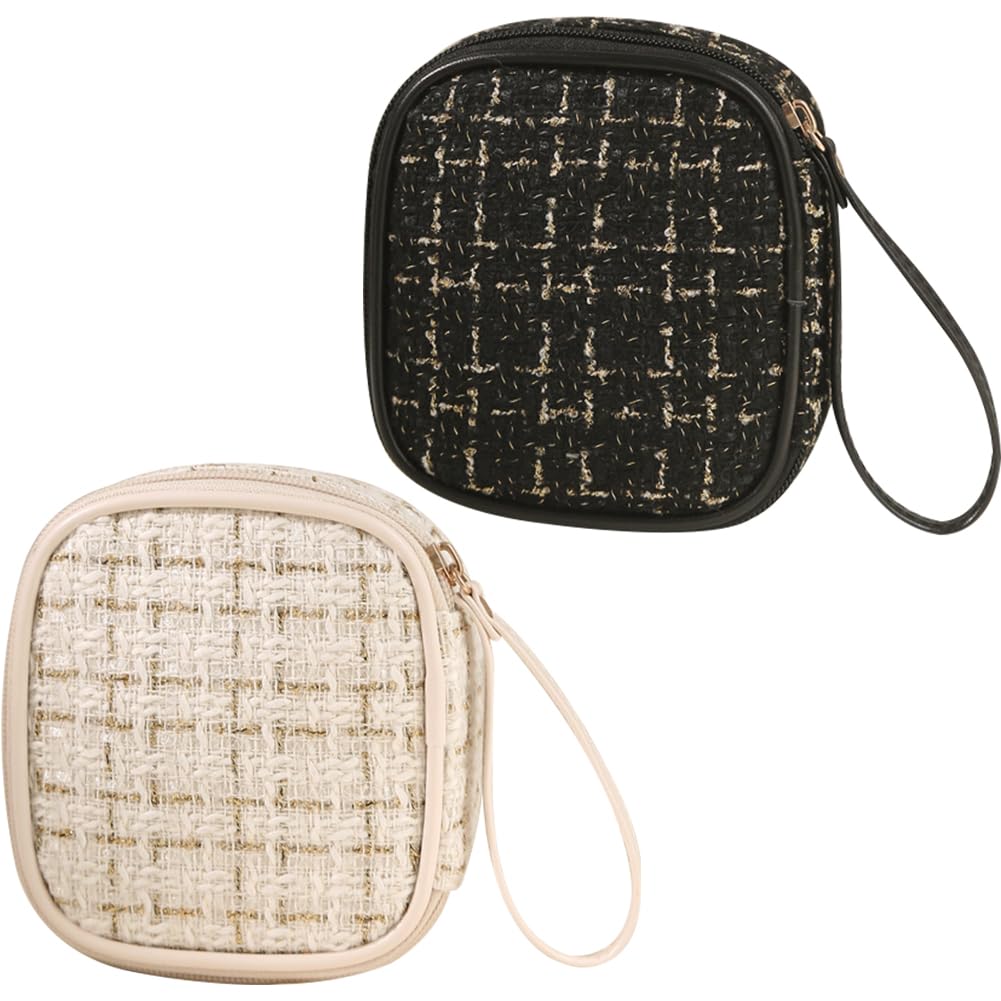 YUYAKESHI Косметичка для салфеток, Косметичка, Косметичка, Набор из 2 шт., Клетчатый узор, Милая с ремешком, Квадратный дизайн, Внутренний сетчатый карман (Бежевый +