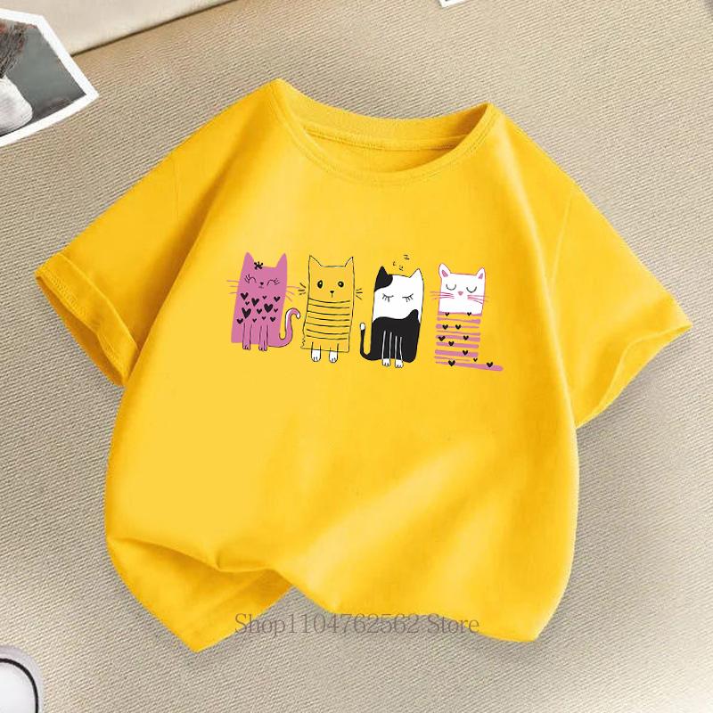 Cute Cat Print Children T-shirts Summer Girls Boys Casual Fashion Kawaii Short Sleeve Tops O-Neck Colorful Kids T-shirts