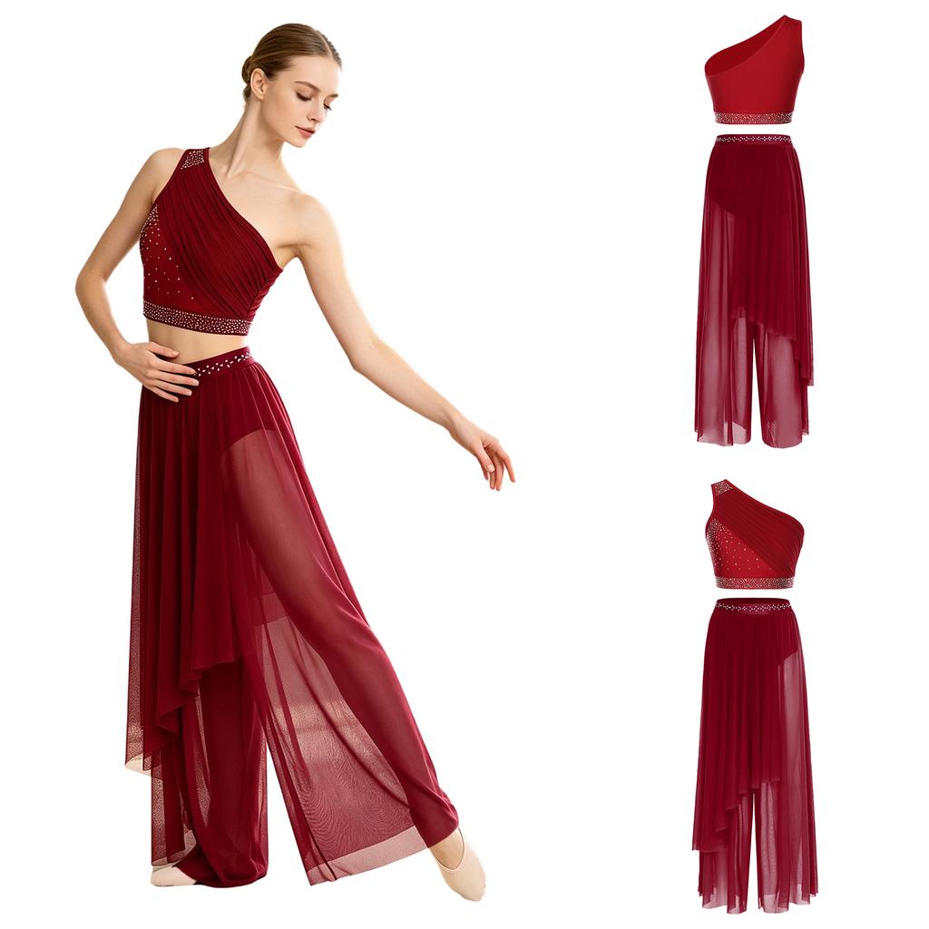 Abbigliamento da Danza da Donna Crop Top Asimmetrico con Strato Superiore e Strass, Monospalla in Rete Arricciata, con Pantaloncini Integrati per Performance Lirica