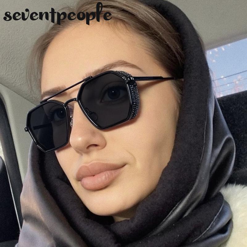 Steampunk Vintage Square Sunglasses Women Luxury Brand Trendy Metal Polygon Double Beam Sun Glasses Outdoor Shades UV400