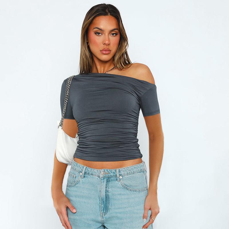 YYFS Women's Fashion Casual Summer Spring Solid Color Print Short Sleeve Oblique Collar Blouses & Shirts