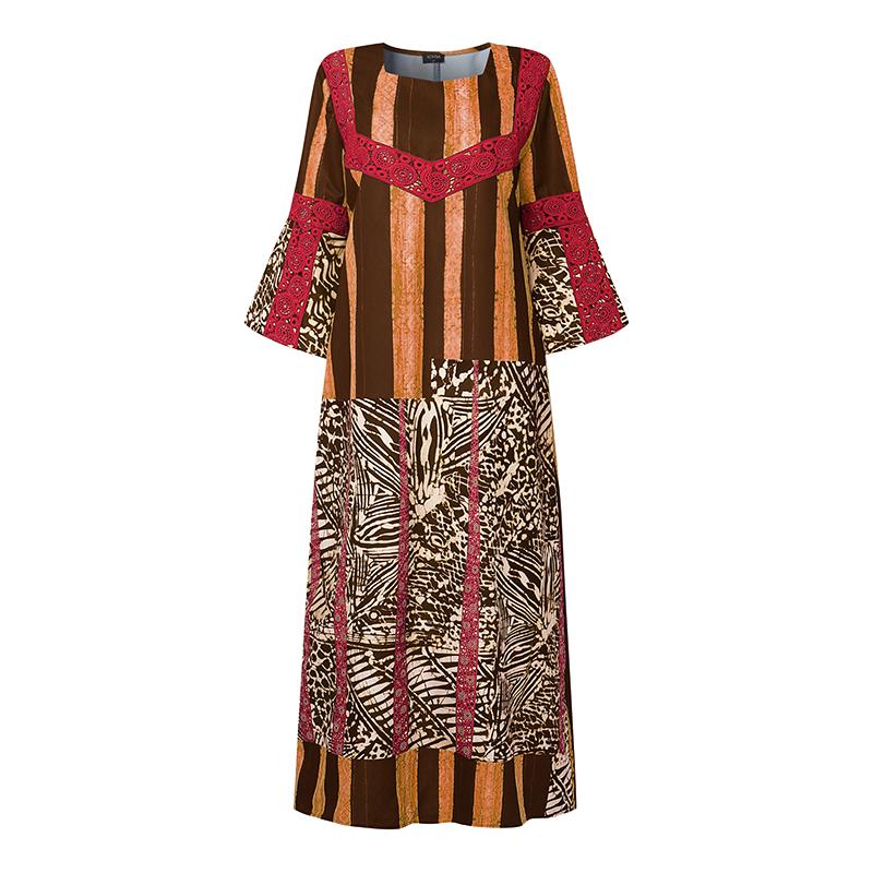 Plus Size Women 3/4 Sleeve Floral Striped Print Casual Loose Long Maxi Kaftan Dress
