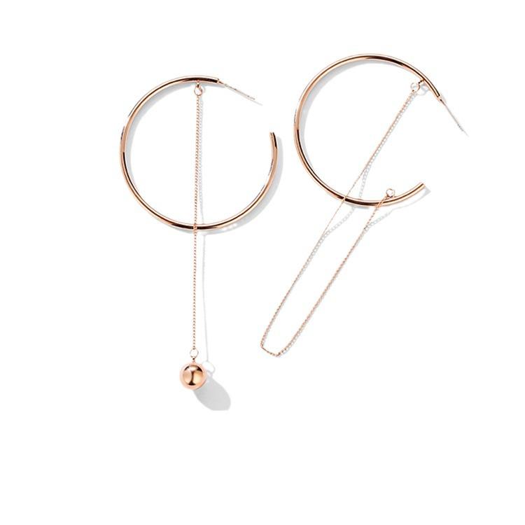 925 Silver Large Hoop Earrings for Women - Asymmetrical Chain Design, Trendy Long Ball Style, European & American Fashion