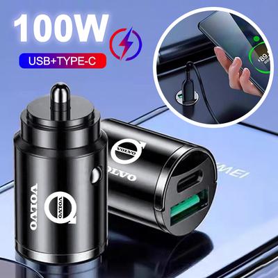 100W USB+Type C Car Charger Fast Charging Mini Pull Ring Charger For Volvo R Design Xc60 V60 S60 V40 V50 S40 S80 C30 Xc40 Xc70