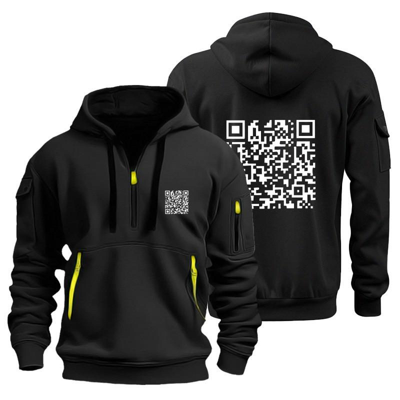 Mens Hooded Sweatshirt With QR Code Print Slim Fit Cotton Blend Pullover Casual Winter Wear