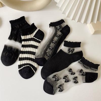 Damen Kurze Socken für Frühling und Sommer, Dünne Spitzensocken, Schweißabsorbierend, Trendige Schwarze Kurze Bootssocken, Vielseitig