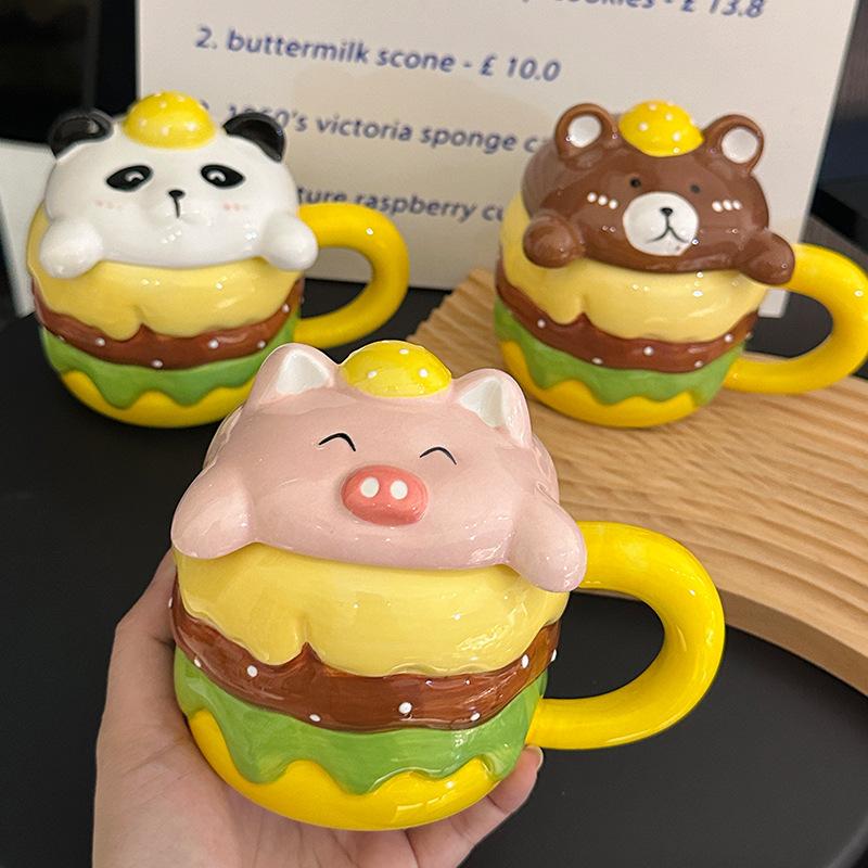 Creative Design Ceramic Burger Mug with Lid Cute Cartoon Animal Shape Household Drinking Cup Souvenir