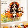 Weather Resistant Glass Decorations Day of The Dead Window Clings, Dia De Los Muertos Sticker, Colorful Home Decor Sugar Skull with Flowers Halloween