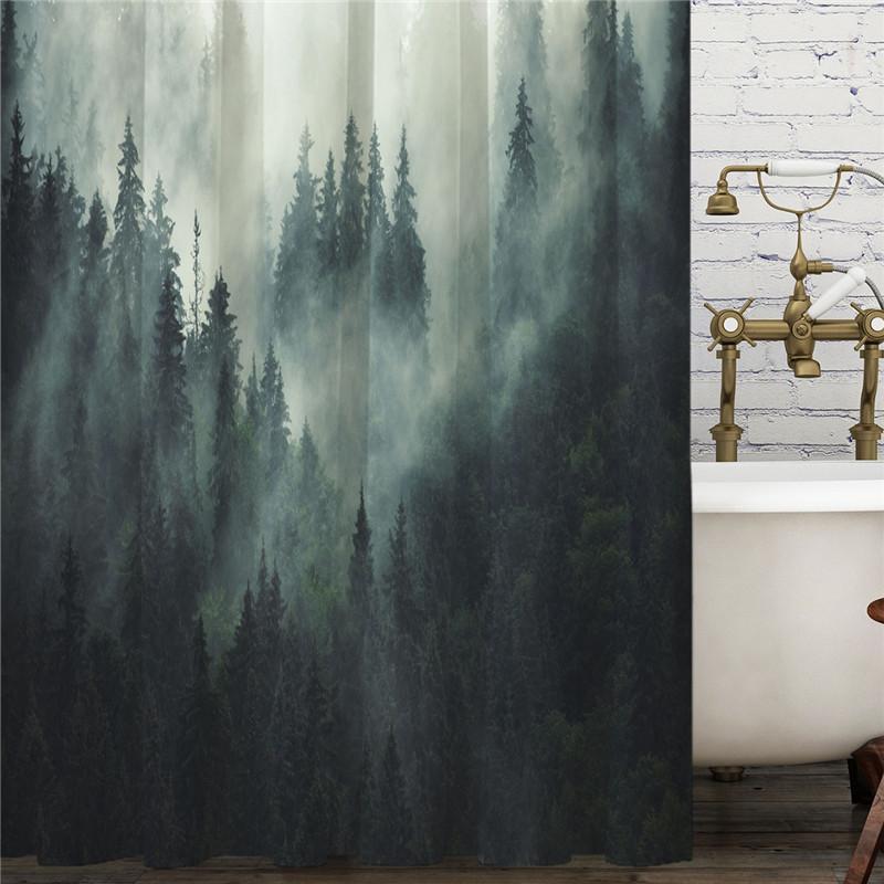 Misty Forest Nordic Style Shower Curtains Set With Hooks Waterproof Green Natural Landscape Home Decoration Bathroom Curtain New