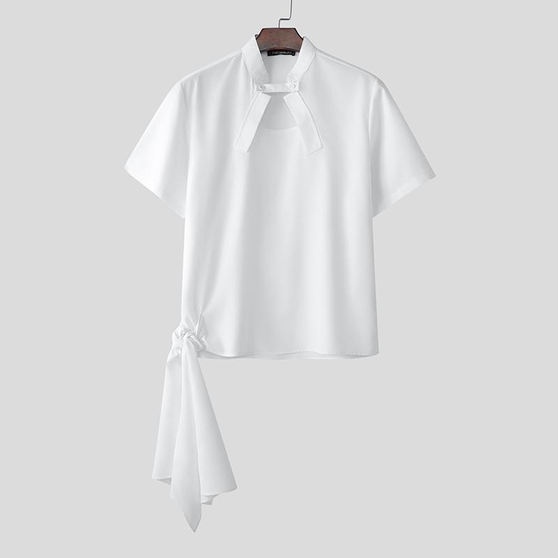 

INCERUN Men Summer Stand Neck Short Sleeve Twisted Belt Casual Shirts 5XL білий