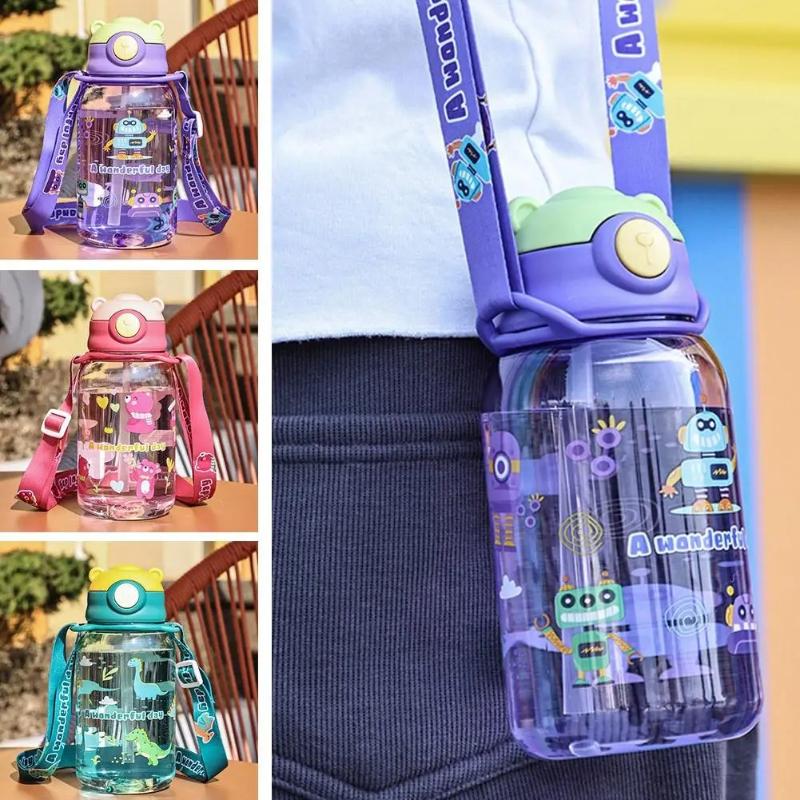 Cute Kids Water Bottle With Straw BPA Leakproof Outdoor Portable Children's Cups School Water Bottle Cartoon Anime Student Strap Water Cup