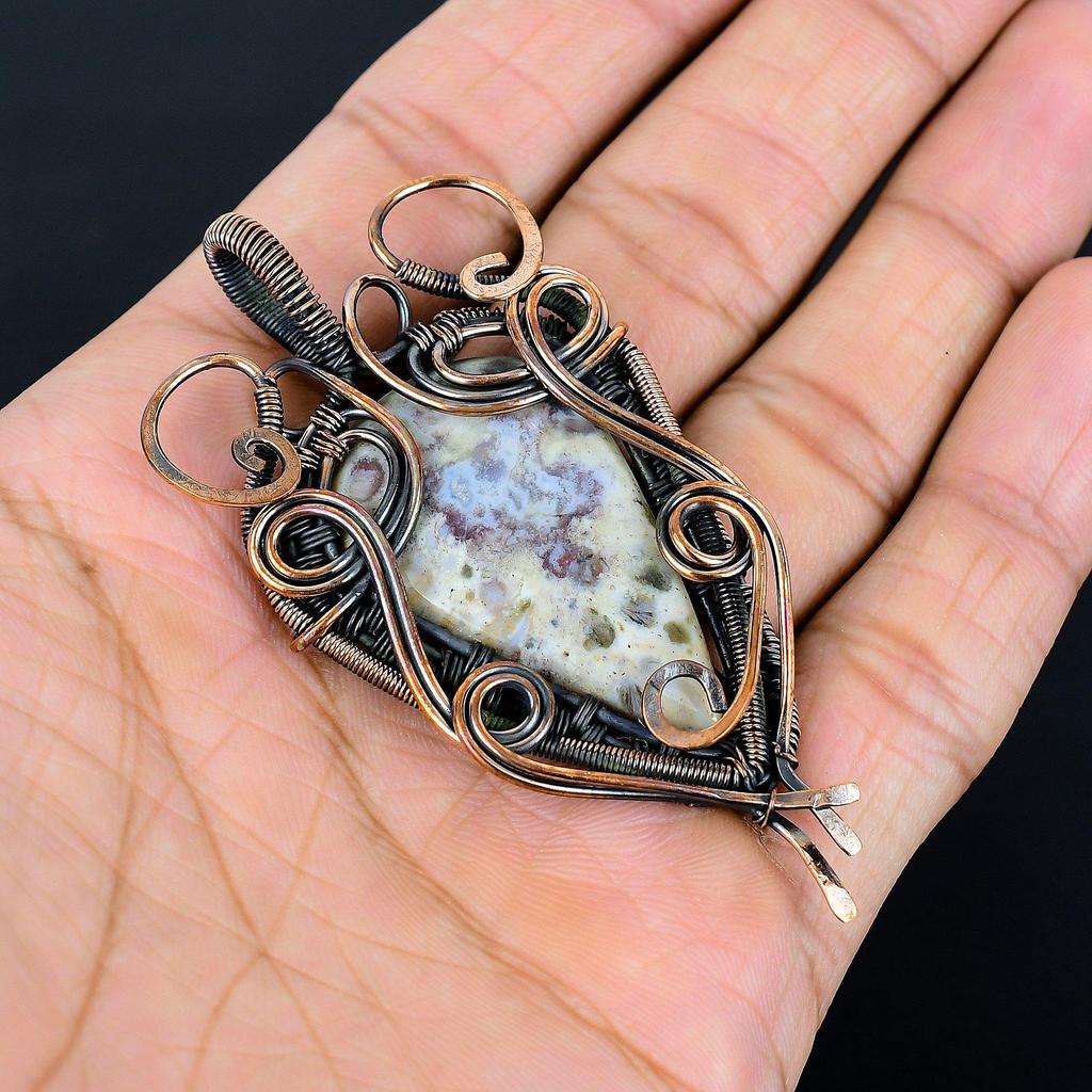Moss Agate 999 Copper Wire Wrapped Pendant, Handmade Gemstone Jewelry Pendant Gift For Birthday