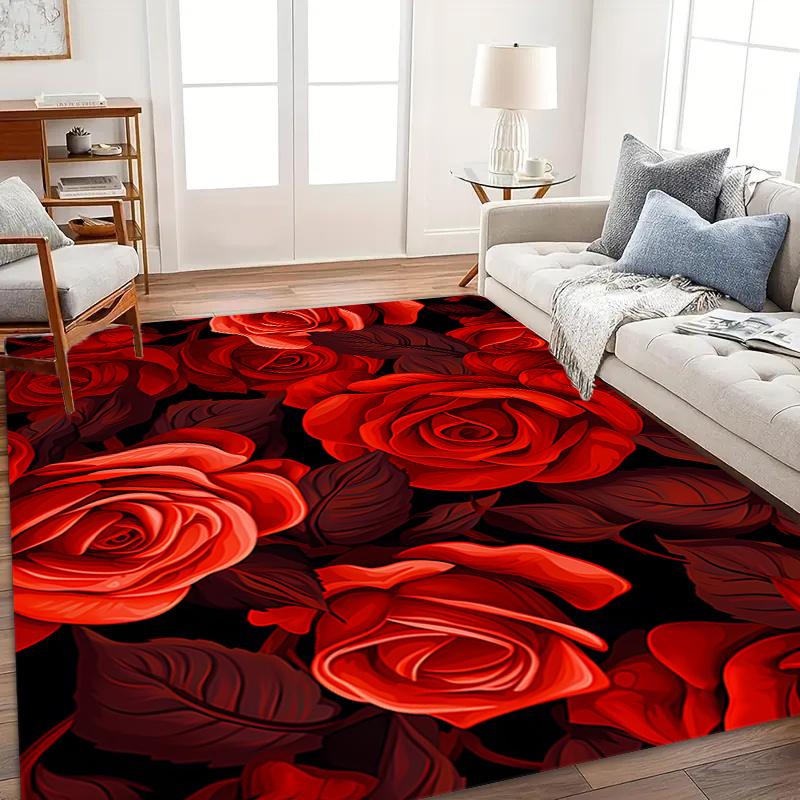 Elegant Red Rose Floral Print Floor Mat, Soft Comfortable Washable Area Rug for Living Room Bedroom Garden, Artistic Home Decor