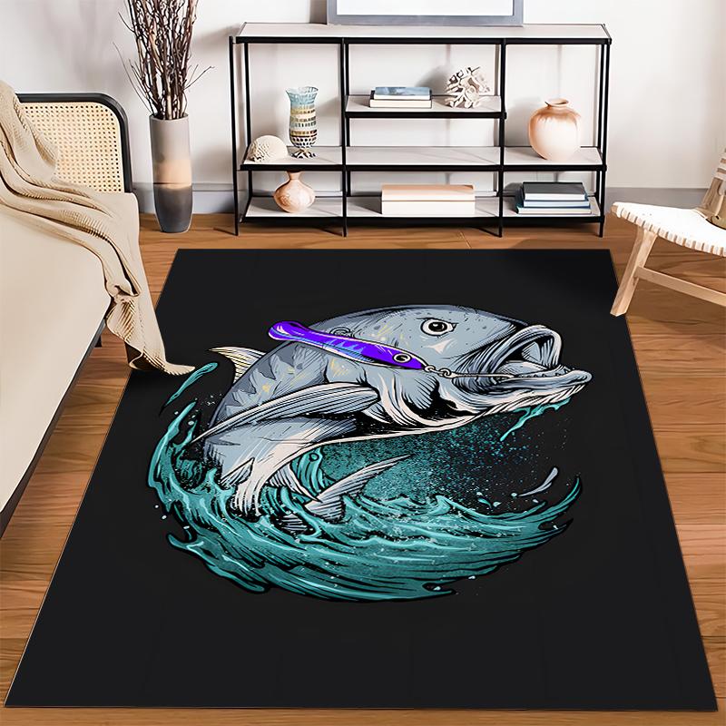 Fishing Theme Carpet with Jumping Fish, Waves, and Lure Design Suitable for use as an anti-slip for living room bedroom sofas