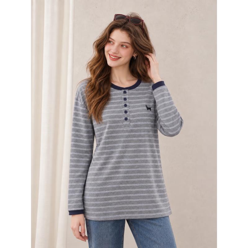 I.T: CHOCOOLATE Women's Striped Henley Long-Sleeve T-Shirt