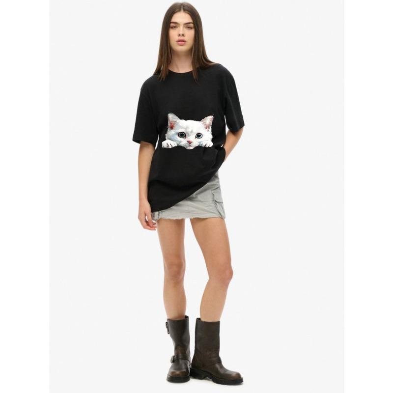 Oversize Women's Short-Sleeve T-Shirt with Cute 3D White Cat Head Print