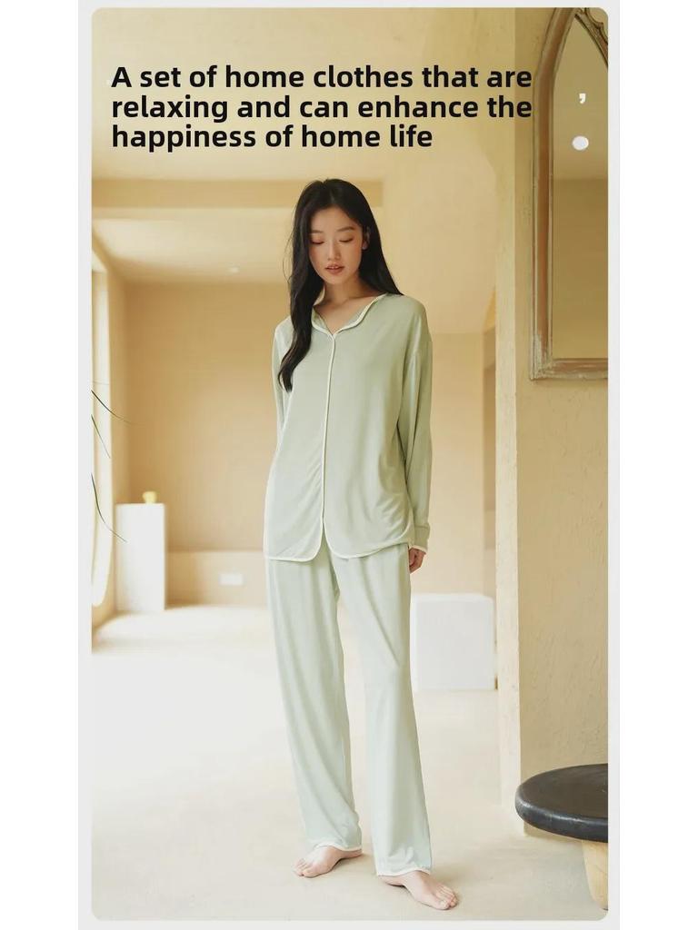 Women's High-End Modal Pajama Set: Long-Sleeved Top, Trousers, Chest Pads - Ideal for Autumn and Winter