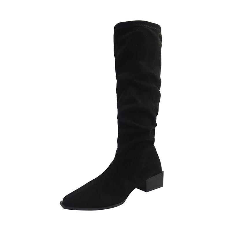 Fashion Autumn Winter Pleated Woman Knee-High Boots Fashion Pointed Toe Long Booties Street Style Square Heels Shoes