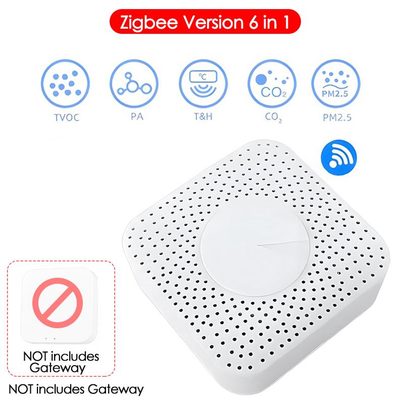 Tuya WIFI 6 In 1 Air Quality Detector PM2.5/Formaldehyde/VOC/CO2/Temperature/Humidity Tester Air Quality Sensor