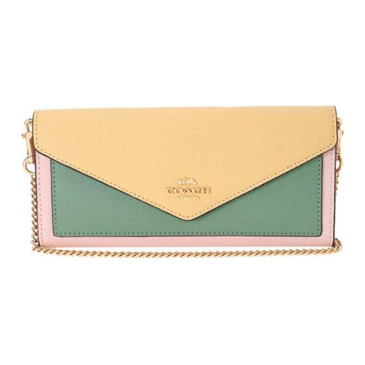 

New COACH Envelope Leather Wallet, Shoulder Bag, Crossbody Bag Trumpets Women s Vanilla Yellow & Green 6685-IMS7D 19.8*1.8*8.9CM