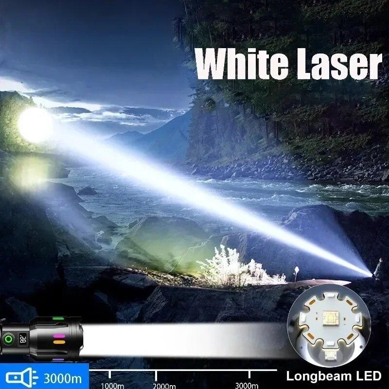 High Power White Laser Flashlight with Luminous  Strips  TYPE-C Rechargeable Zoomable Camping Lamp With Battery Indicator