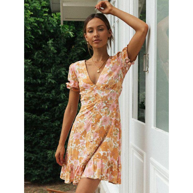 Silky Glaze French Style Seaside Vacation Style Pure Desire V-neck Puff Sleeve Flowers Print Dress Beach Skirt