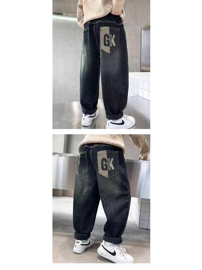 Boys' Trendy 2025 Street Style Fleece-Lined Jeans - Long Pants for Big Kids